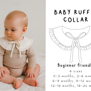 May include: A baby wearing a beige bodysuit and a cream-colored ruffle collar with a bow. The image includes a line drawing of the collar with the text "BABY RUFFLE COLLAR" and size options for babies aged 0-24 months.