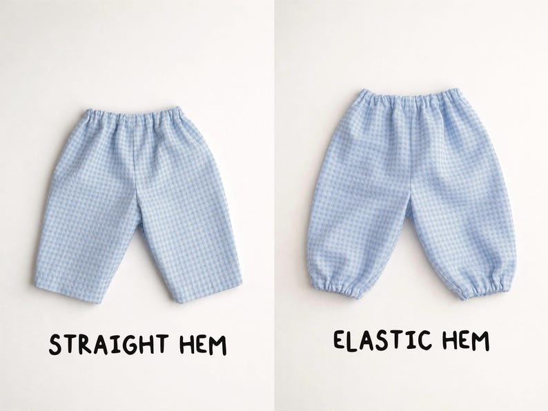 May include: Two pairs of baby pants in a light blue and white gingham pattern. One pair has a straight hem, and the other has an elastic hem. The text below each pair of pants reads "STRAIGHT HEM" and "ELASTIC HEM".