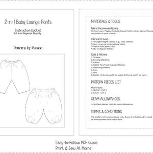 May include: A black and white PDF guide for 2-in-1 baby lounge pants. The guide includes an instruction booklet, pattern pieces, and material recommendations. The skill level is beginner-friendly.