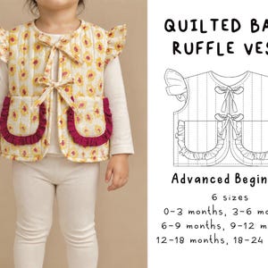Peut inclure: Un gilet matelassé à volants pour bébé avec un motif floral jaune et orange, doté de deux attaches à nouer sur le devant et deux poches avec bordure à volants rose foncé. Le texte indique : QUILTED BABY RUFFLE VEST, Advanced Beginner, 6 tailles.