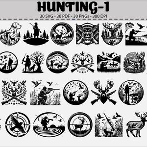 May include: Black and white hunting-themed SVG and PDF designs. The designs include illustrations of hunters, deer, dogs, rifles, and birds in various circular and badge-like compositions. The text "HUNTING-1" is at the top.