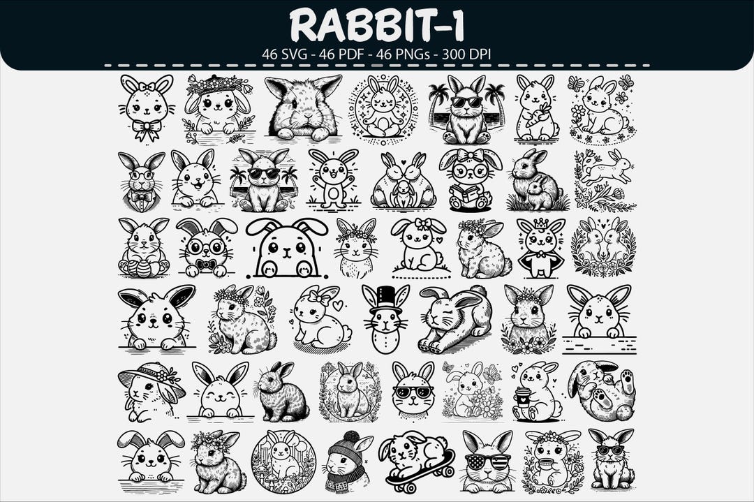 Rabbit Vector Illustration Bundle SVG PNG PDF Line Art - Etsy