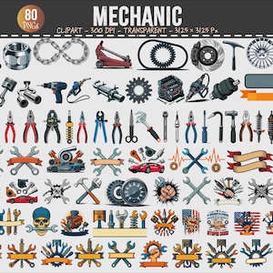 以下が含まれることがあります： メカニックをテーマにした80個のクリップアート画像のコレクション。レンチ、ペンチ、ハンマーなどの工具や、ピストン、ギア、タイヤなどの自動車部品の画像が含まれています。「MECHANIC」という単語が上部に表示されています。