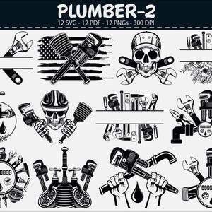 May include: A collection of black and white plumber-themed graphics. The designs include wrenches, pipe wrenches, a skull wearing a hard hat, and the text "PLUMBER-2". There are also images of a faucet, water drops, and various plumbing tools.