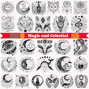 Könnte beinhalten: Eine Sammlung von 180 schwarz-weißen Vektor-Cliparts mit magischen und himmlischen Motiven. Die Designs zeigen Sonnen, Monde, Schlangen, Kristalle, Hände, Katzen, Wale, Pilze und Kessel mit detaillierten, feinen Linienzeichnungen.
