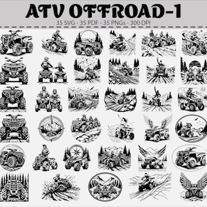 May include: A collection of black and white illustrations depicting ATVs in off-road environments. The images show ATVs on trails, in forests, and with riders. The text "ATV OFFROAD-1" is at the top, along with file type information.