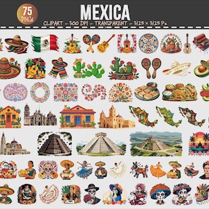 Könnte beinhalten: Eine Sammlung von 75 mexikanischen Clip-Art-Bildern. Die Illustrationen umfassen Sombreros, Gitarren, Kakteen, mexikanische Flaggen, Essen, Gebäude und traditionelle Kleidung. Das Wort "MEXICA" steht oben im Bild.