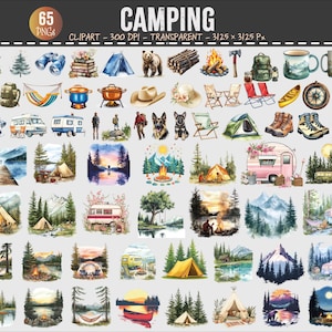 May include: A collection of 65 PNG camping-themed clip art images. The illustrations include tents, campfires, RVs, outdoor gear, and scenic landscapes. The word "CAMPING" is displayed at the top.