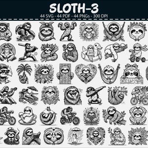 May include: A set of 44 monochrome sloth illustrations, each in a unique pose or activity. The sloths are shown engaging in various pastimes, from sports to leisure. The image includes the text "SLOTH-3".