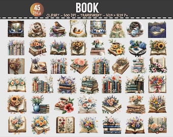 May include: A collection of 45 watercolor clipart images featuring books. The images include stacks of books, open books with floral arrangements, and scenes with animals and people reading. The text "BOOK" is at the top.
