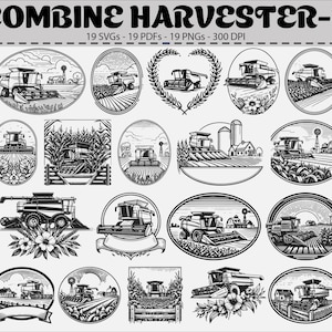 Puede incluir: Ilustraciones en blanco y negro de cosechadoras en diversos entornos agrícolas, presentadas en marcos ovalados y circulares. El texto "COMBINE HARVESTER-2" se muestra en la parte superior.