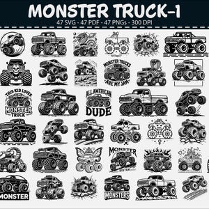 Könnte beinhalten: Sammlung von Schwarz-Weiß-Illustrationen von Monstertrucks. Die Designs umfassen Trucks mit verschiedenen Themen, wie Schädel, Schmetterlinge und Text wie "Monster Trucks Are My Jam". Das Bild enthält auch den Text "MONSTER TRUCK-1".