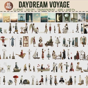 Pode incluir: Uma coleção de 85 imagens de clip art caprichosas com fundo transparente. As ilustrações apresentam cenas surreais com pessoas, animais e objetos, incluindo anjos, barcos e balões de ar quente. O texto "DAYDREAM VOYAGE" está no topo.