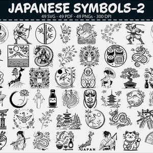 Può includere: Una collezione di 49 simboli giapponesi in bianco e nero, tra cui un simbolo yin-yang, figure di samurai, draghi, sushi, il Monte Fuji e un gatto che fa segno. Il testo "JAPANESE SYMBOLS-2" è in alto.