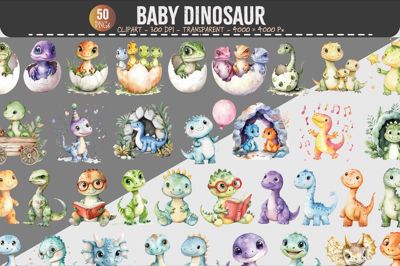 Watercolor Baby Dinosaur Clipart Set (50 PNG) - Etsy
