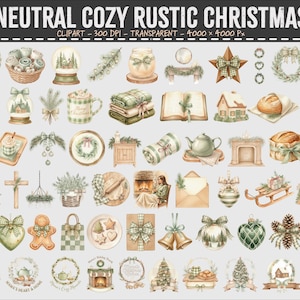 Puede incluir: Una colección de 60 imágenes prediseñadas de acuarela con un tema navideño neutro, acogedor y rústico. Las imágenes incluyen lazos, bolas de nieve, coronas, regalos, tazas, mantas, casas y adornos. La paleta de colores es suave, con verdes, marrones y cremas.