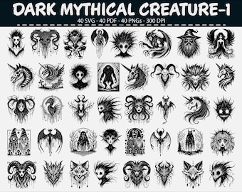 Dark Mythical Creature Clipart Bundle SVG PNG PDF Horror Set