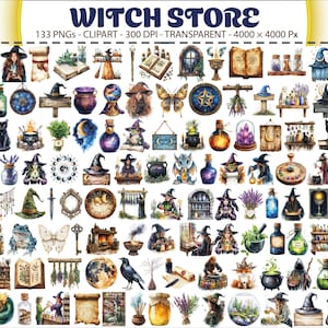 Puede incluir: Una colección de elementos de clip art en acuarela con temática de brujas. La imagen incluye varios elementos como sombreros de bruja, botellas de pociones, libros de hechizos, gatos negros y otros objetos místicos. El texto "WITCH STORE" está en la parte superior.