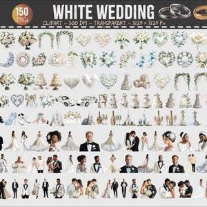 May include: A selection of white wedding-themed clip art images. The image features various elements including wedding rings, floral arrangements, wedding cakes, wedding dresses, and couples. The text "WHITE WEDDING" is displayed at the top.