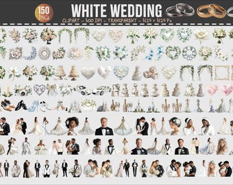 Paquete de imágenes prediseñadas de boda blanca: Novia, novio, flores (150 PNG) (Descarga digital)