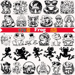 May include: A collection of 170 black and white frog illustrations in SVG, PNG, and PDF formats. The graphic set features various frogs in different poses, including frogs with mushrooms, sunglasses, hats, and floral elements, labeled as 170 Frog.