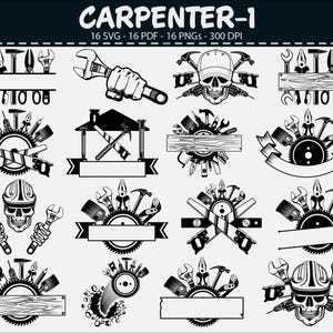 Puede incluir: Diseños gráficos en blanco y negro con temática de carpintero, con diversas herramientas como martillos, sierras y llaves. Algunos diseños incluyen una calavera con casco. El texto "CARPENTER-1" está en la parte superior.