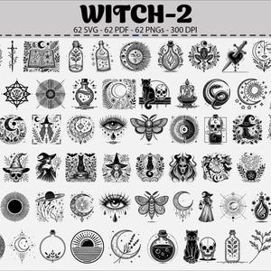 Puede incluir: Una colección de 62 ilustraciones en blanco y negro con temática de brujas, que incluyen botellas de pociones, lunas, gatos, calaveras y sombreros de bruja. La imagen incluye el texto "WITCH-2" y detalles sobre los formatos de archivo y la resolución.