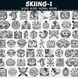 May include: A collection of 56 black and white illustrations with a skiing theme. The designs include skiers, snowboards, goggles, mountains, and ski equipment. The text "SKIING-1" is at the top.