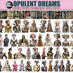 Könnte beinhalten: Digitale Kunstsammlung "Opulent Dreams" mit 58 PNG-Bildern. Die Bilder zeigen Porträts von Frauen in aufwendigen historischen Kostümen und Fantasy-Umgebungen. Die Farbpalette umfasst gedämpfte Töne mit Akzenten in Gold- und Juwelfarben.