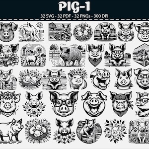 Pig SVG Bundle – 32 Farm Animal Vector Cut Files for Cricut, Clipart, Silhouette, Laser Engraving, Sublimation, Digital Download