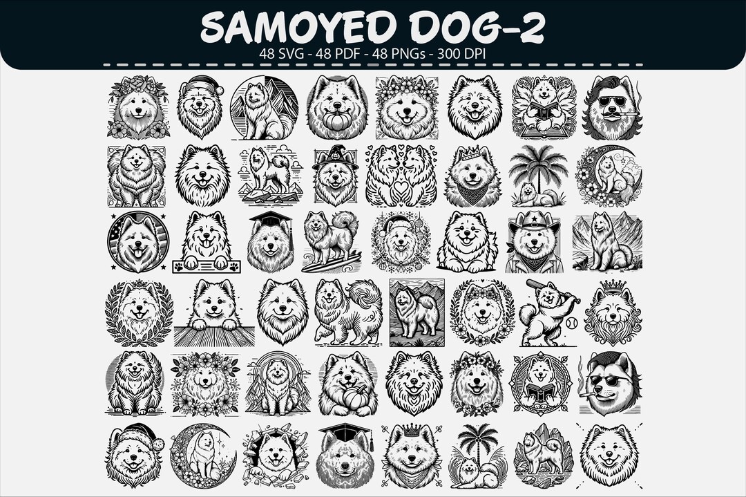 Samoyed Dog Line Art Vector Clipart Bundle SVG PNG PDF Set - Etsy