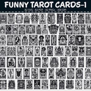 May include: A set of black and white tarot cards featuring diverse illustrations such as skulls, figures, and celestial designs. The cards are displayed in a grid formation, with the text "FUNNY TAROT CARDS-1" at the top.