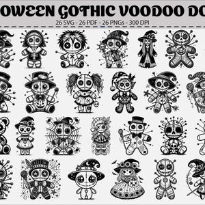 Puede incluir: Ilustraciones en blanco y negro de varias muñecas vudú góticas, cada una con diseños y accesorios únicos. Las muñecas están representadas en diferentes poses y atuendos, incluyendo sombreros, vestidos y pajaritas. El texto "HALLOWEEN GOTHIC VOODOO DOLL-3" está en la parte superior.