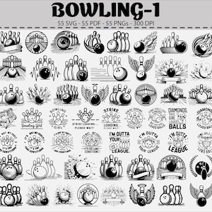 Pode incluir: Uma coleção de gráficos em preto e branco com tema de boliche. Os designs incluem pinos de boliche, bolas de boliche e vários elementos de texto como "Bowling Girl" e "Strike Loading". A imagem é rotulada como "BOWLING-1".