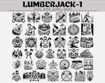 Paquete de imágenes prediseñadas de leñador: Hacha rústica, sierra y diseños forestales (SVG, PNG, PDF)