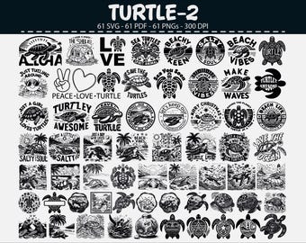 May include: A collection of black and white turtle-themed graphics. Designs include turtles, text like "Aloha", "Peace, Love, Turtle", and "Save the Turtles", and beach-related imagery. Ideal for various creative projects.
