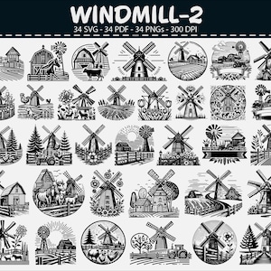 Puede incluir: Una colección de 34 diseños de molinos de viento en blanco y negro en varios formatos. Los diseños incluyen molinos de viento con graneros, animales y paisajes rurales. El texto "WINDMILL-2" está en la parte superior.
