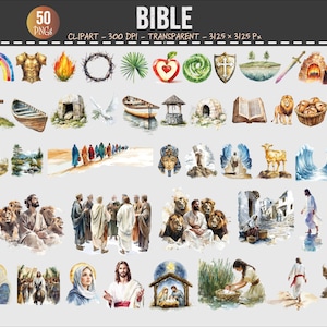 May include: A set of 50 watercolour clip art images with a religious theme. The images include a rainbow, cross, boat, open book, lions, and figures. The word "BIBLE" is at the top.
