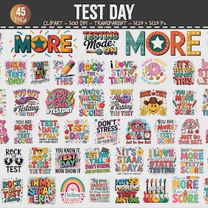 Puede incluir: Una colección de 45 imágenes prediseñadas PNG con el tema "Día del Examen". Los diseños presentan texto y gráficos coloridos con frases como "No te estreses", "Aprueba el examen" y "Tú puedes". Las imágenes son transparentes y miden 3,25 x 3,25 píxeles.
