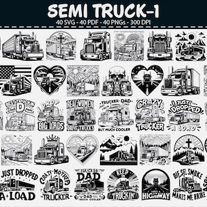 May include: A collection of black and white semi-truck designs. The images include various styles of trucks, landscapes, and text such as "Life is Better Trucking" and "Crazy Trucker". The designs are suitable for digital art projects.