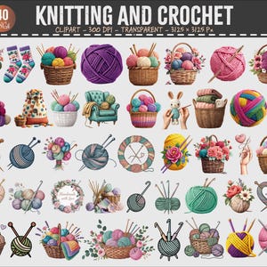 Puede incluir: Una colección de ilustraciones en acuarela con suministros de tejido y ganchillo. Las imágenes incluyen ovillos de lana, cestas de lana, agujas de tejer y ganchillos. El texto "KNITTING AND CROCHET" se muestra en la parte superior.