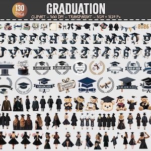 May include: A collection of graduation-themed clip art elements. Includes graduation caps, diplomas, banners, alphabet letters, numbers, and figures of graduates in gowns. The color palette is primarily black, navy blue, and gold.