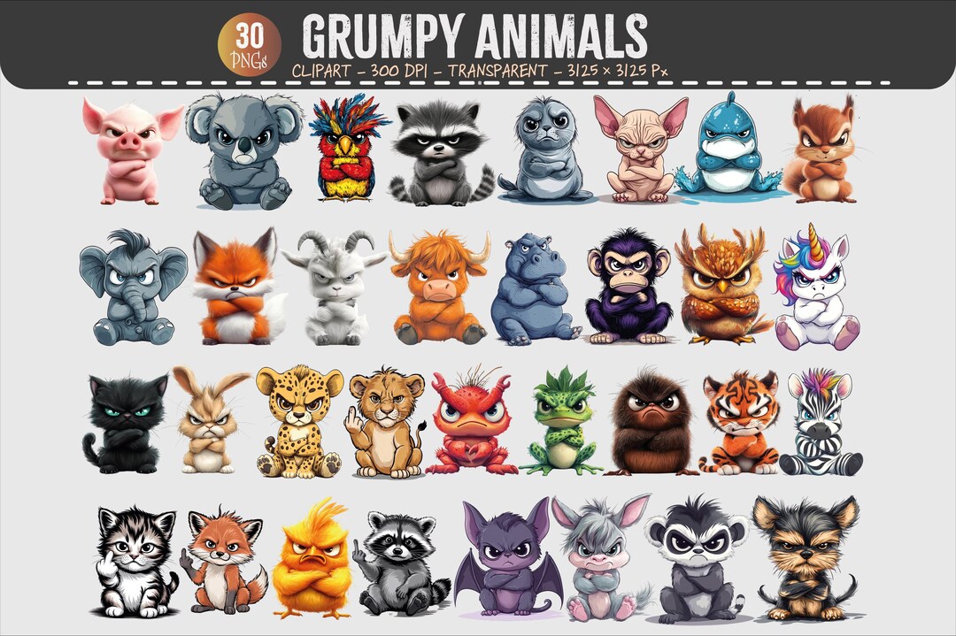 Grumpy Animals Clipart Bundle | 30 PNG Set | 300 DPI Transparent ...