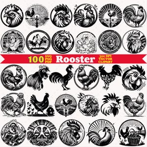 Può includere: Una collezione di 100 illustrazioni di galli in bianco e nero presentate in cornici circolari. Il set grafico include varie pose di galli, banderuole e scene di fattoria. Un banner orizzontale rosso mostra il testo 100 Rooster 300 DPI VECTOR CLIPART.