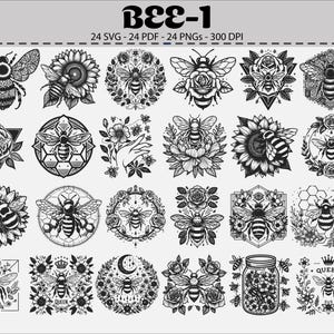 May include: A collection of 24 black and white bee-themed designs. The designs include bees with floral elements, geometric shapes, and the word "QUEEN". The image also includes the text "BEE-1" and "24 SVG - 24 PDF - 24 PNGs - 300 DPI".