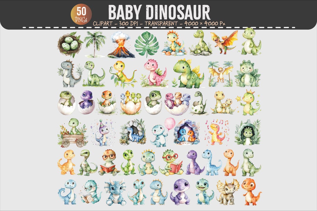 Watercolor Baby Dinosaur Clipart Set (50 PNG) - Etsy