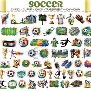 Paquete de imágenes prediseñadas de fútbol / 73 PNG / Ilustraciones de fútbol en acuarela, jugadores y campos / 300 DPI transparente