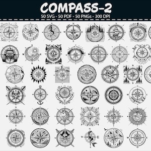 May include: A collection of 50 black and white compass designs in various styles. The designs include nautical themes, nature scenes, and decorative elements. The text "COMPASS-2" is at the top of the image.