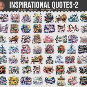 以下が含まれることがあります： さまざまなフォントとカラフルなデザインのインスピレーションを与える引用句が特徴の、70個のPNGクリップアート画像のコレクションです。「Dream Big」、「Believe in Yourself」、「You are Enough」などのフレーズが含まれています。