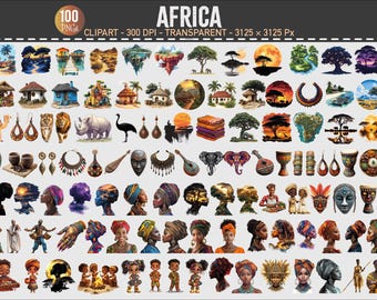 Afrikanische Kultur Clipart Bundle – Masken, Tiere, Landschaften (PNG, Digital Download)